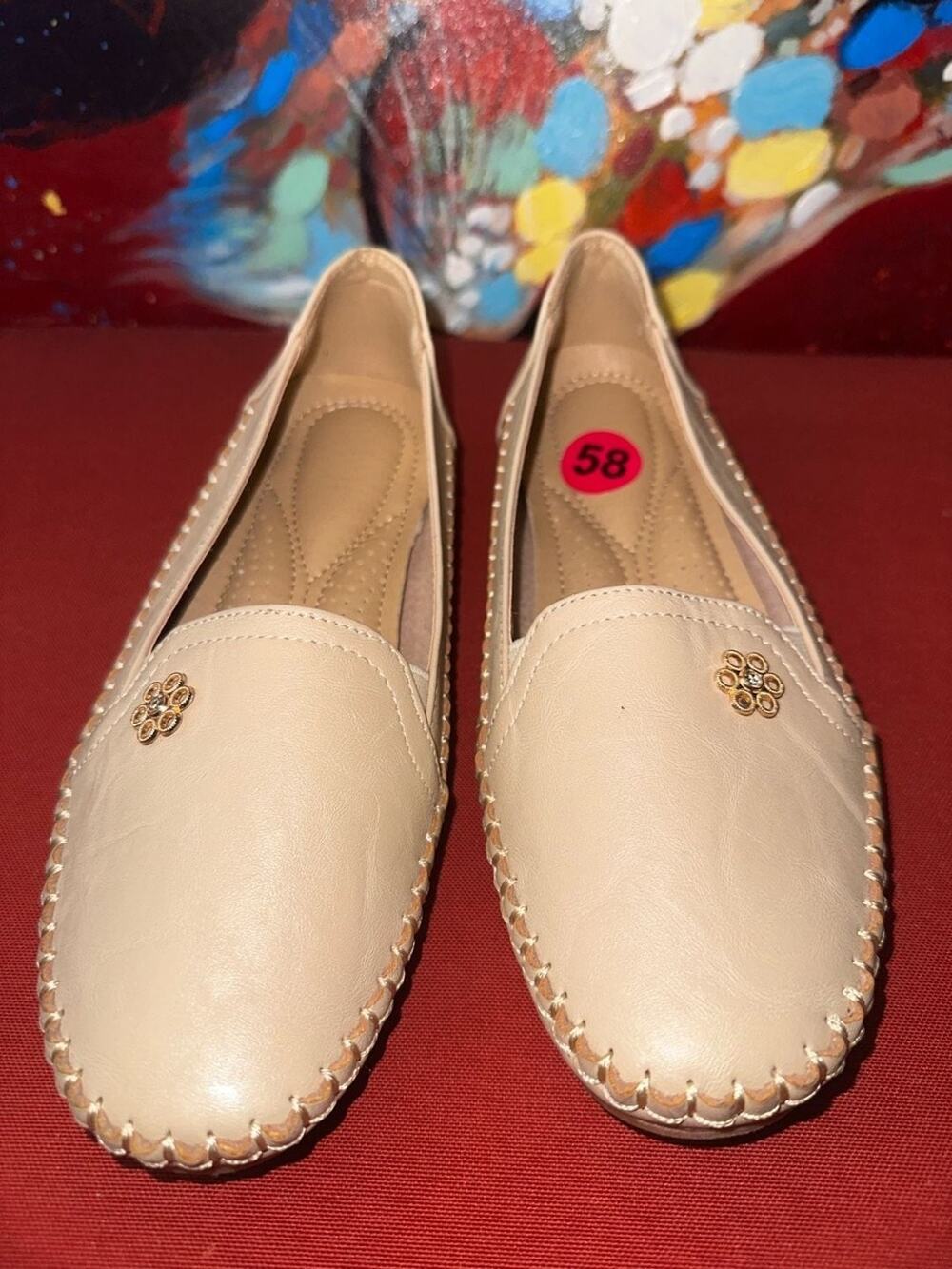 No.58 Women's Beige Slip-On Loafer Flats with Floral Embellishment Size 36